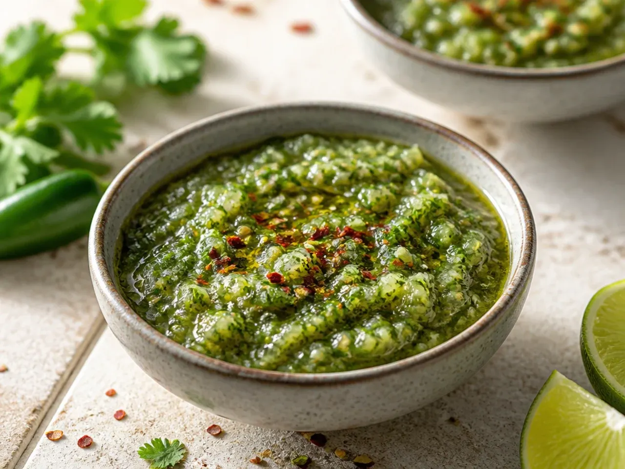 Small jars of salsa verde lined up ready for the week