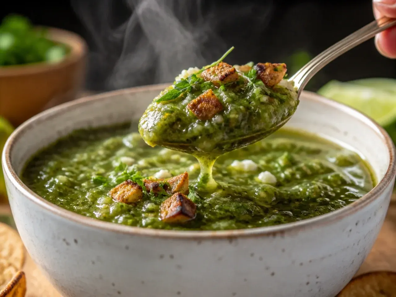 Chunky, rustic salsa verde with visible herb flecks