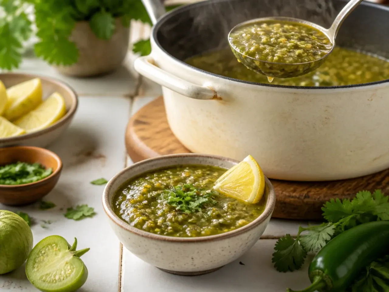Loaded salsa verde topped with corn, avocado, and radish