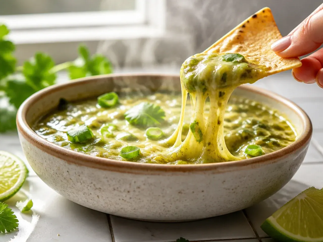 Mild family-style salsa verde served with quesadilla fingers