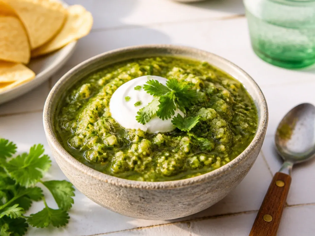 Quick blender salsa verde made with raw tomatillos and jarred jalapeños