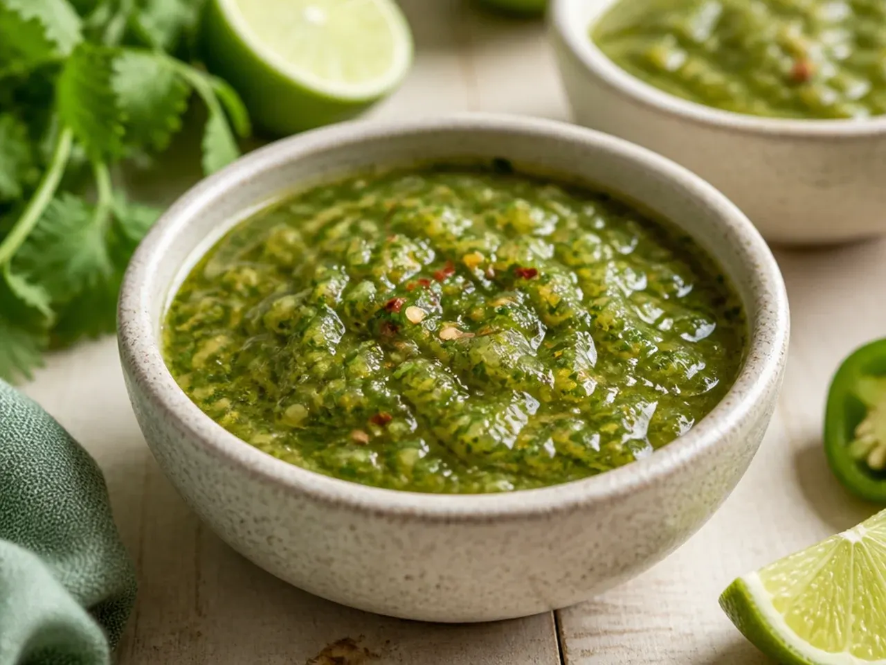 Fresh coriander and epazote leaves ready to blend into salsa verde