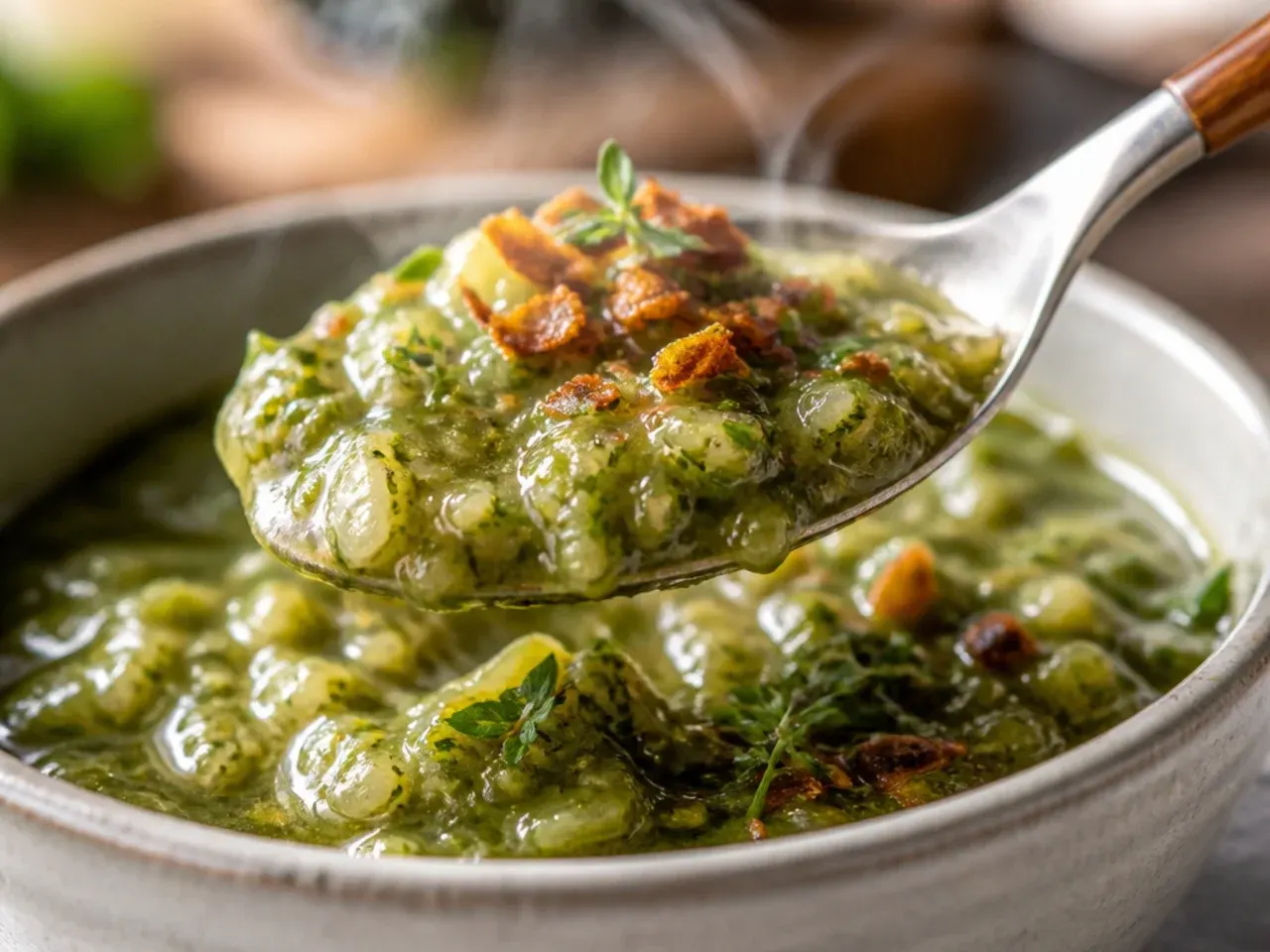 Salsa verde simmering and thickening in a pan on the stovetop