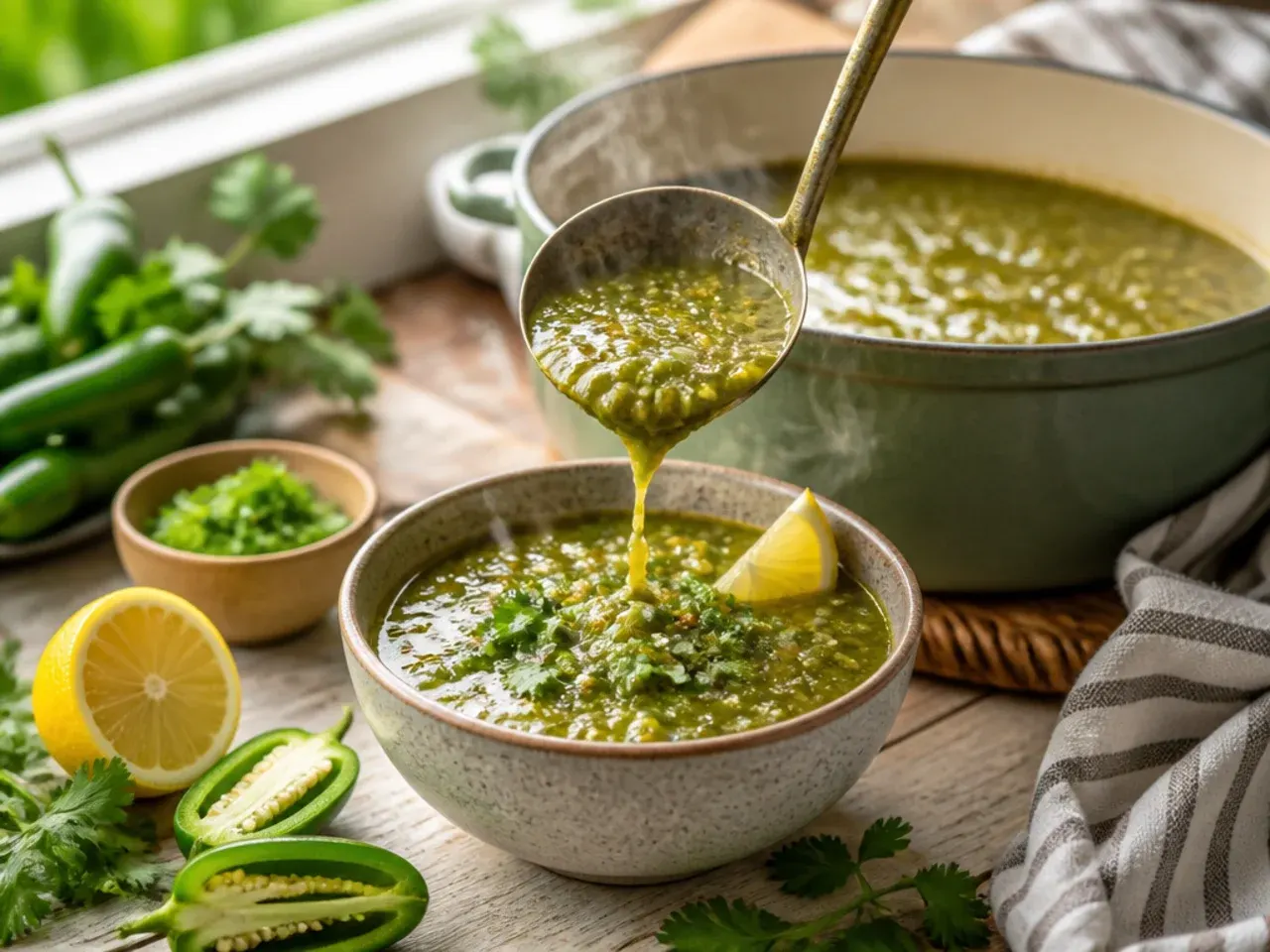 Fresh serrano chilies beside a bowl of spicy salsa verde