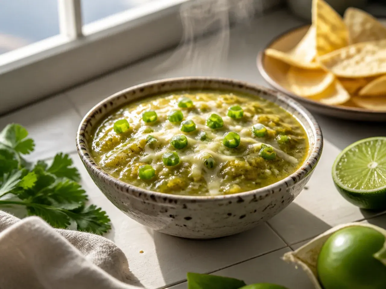 Tangy lime-forward salsa verde served alongside grilled shrimp