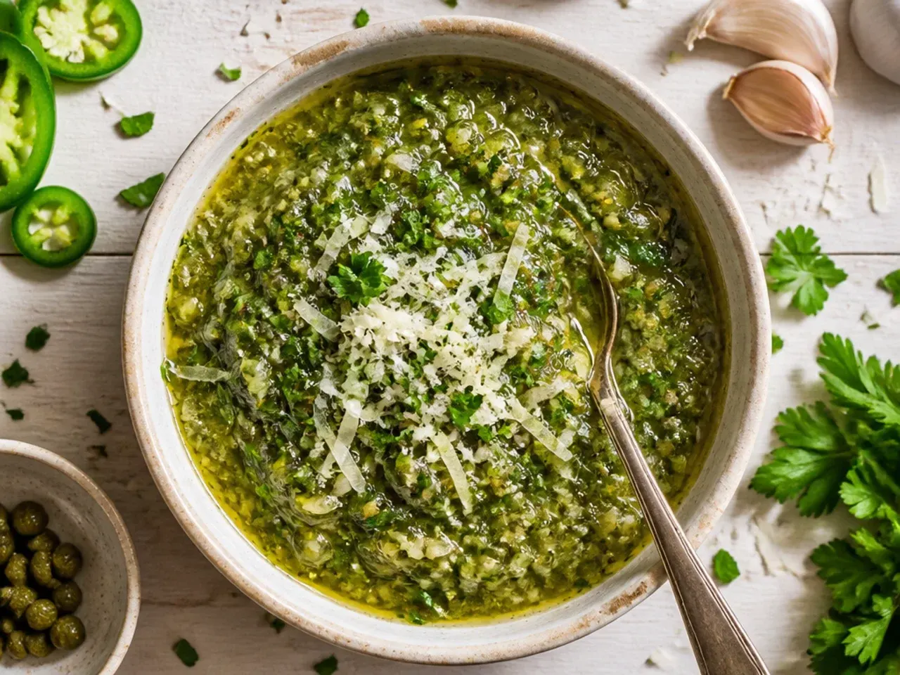Thin, smooth restaurant-style salsa verde in a small pitcher