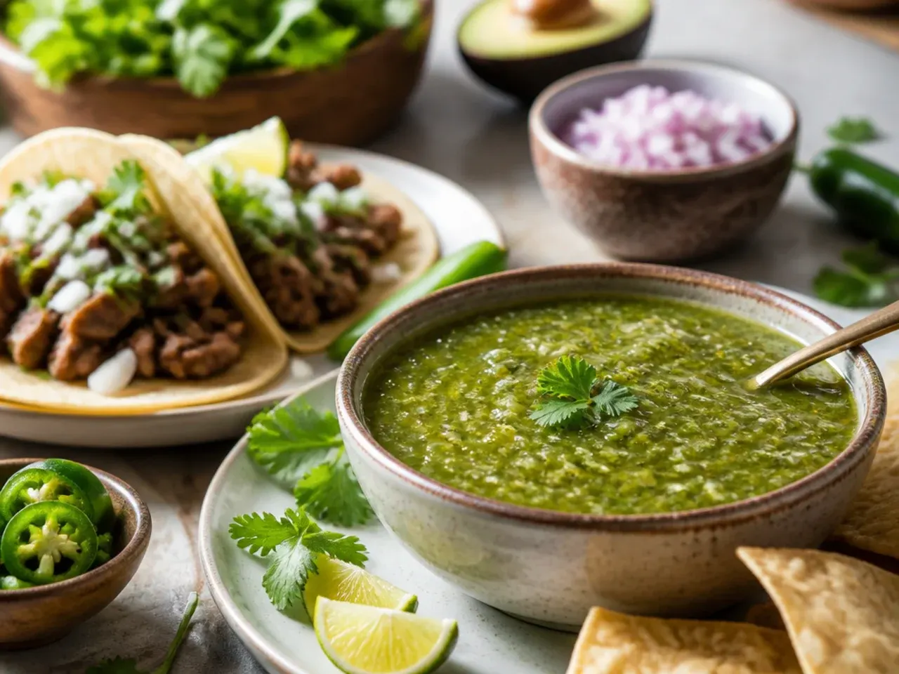 Salsa verde served over chilaquiles with a fried egg