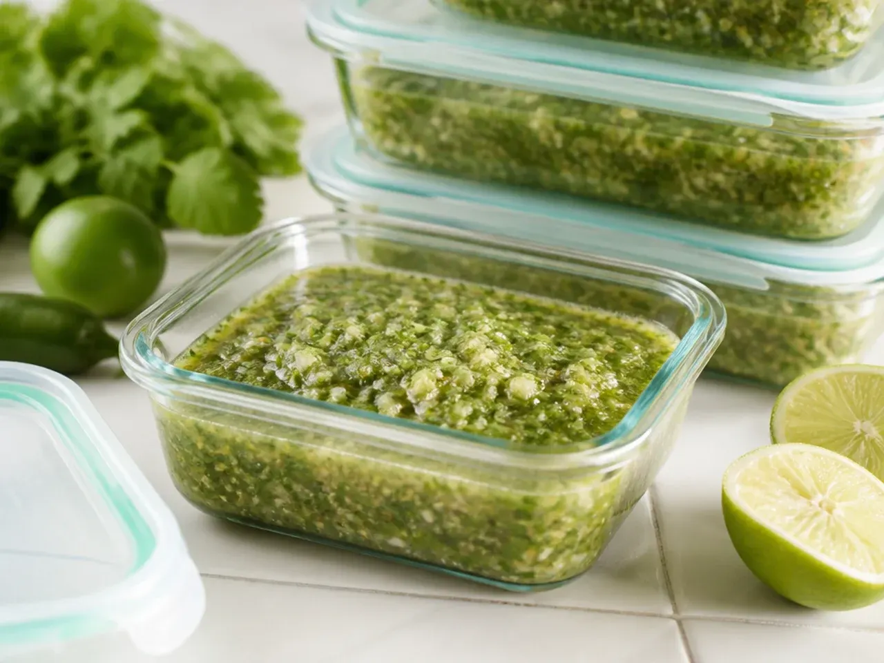 Jar of salsa verde stored in the fridge with a lid
