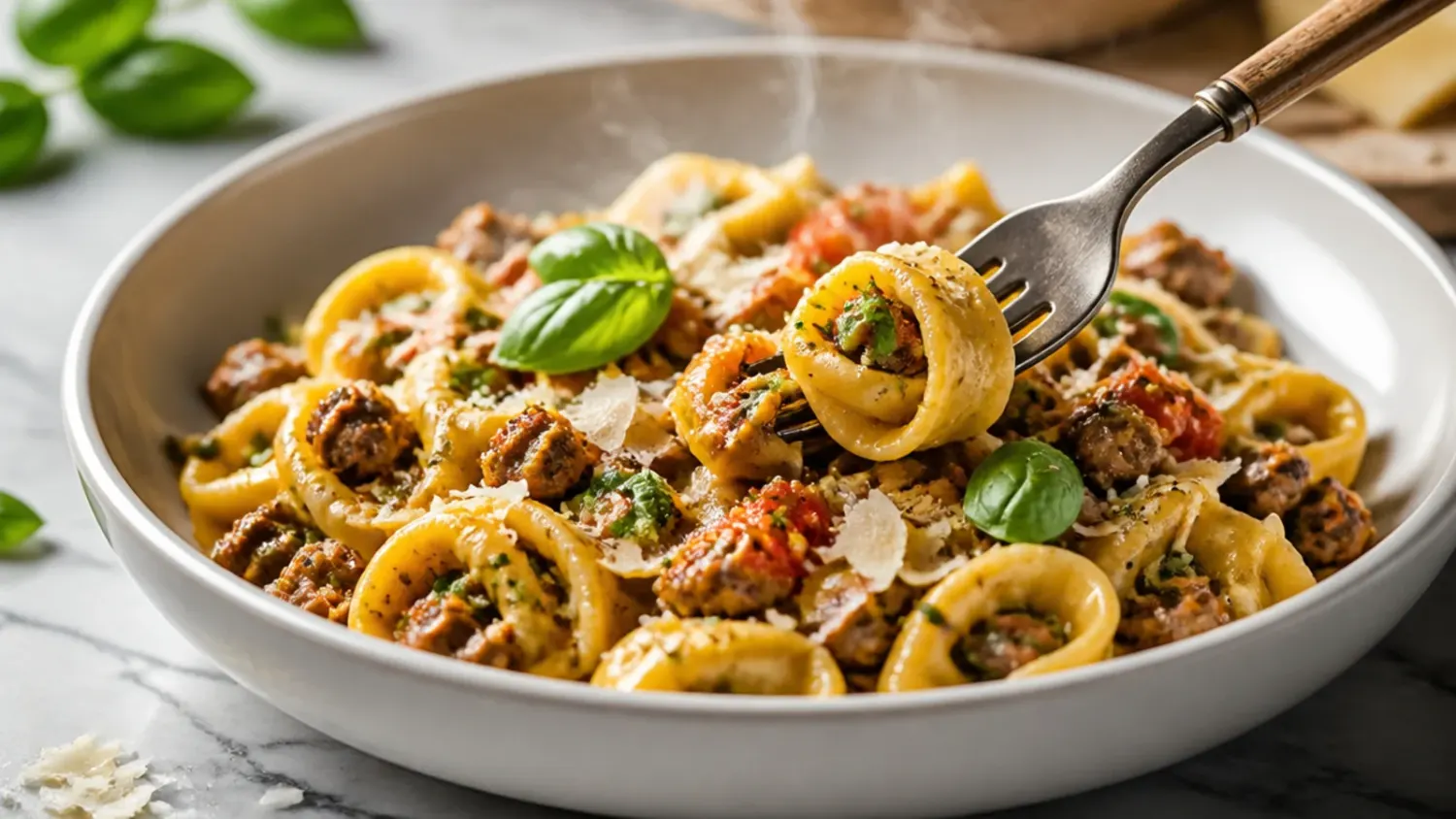 Creamy sausage and tortellini skillet with wilted spinach and grated parmesan in a cast iron pan