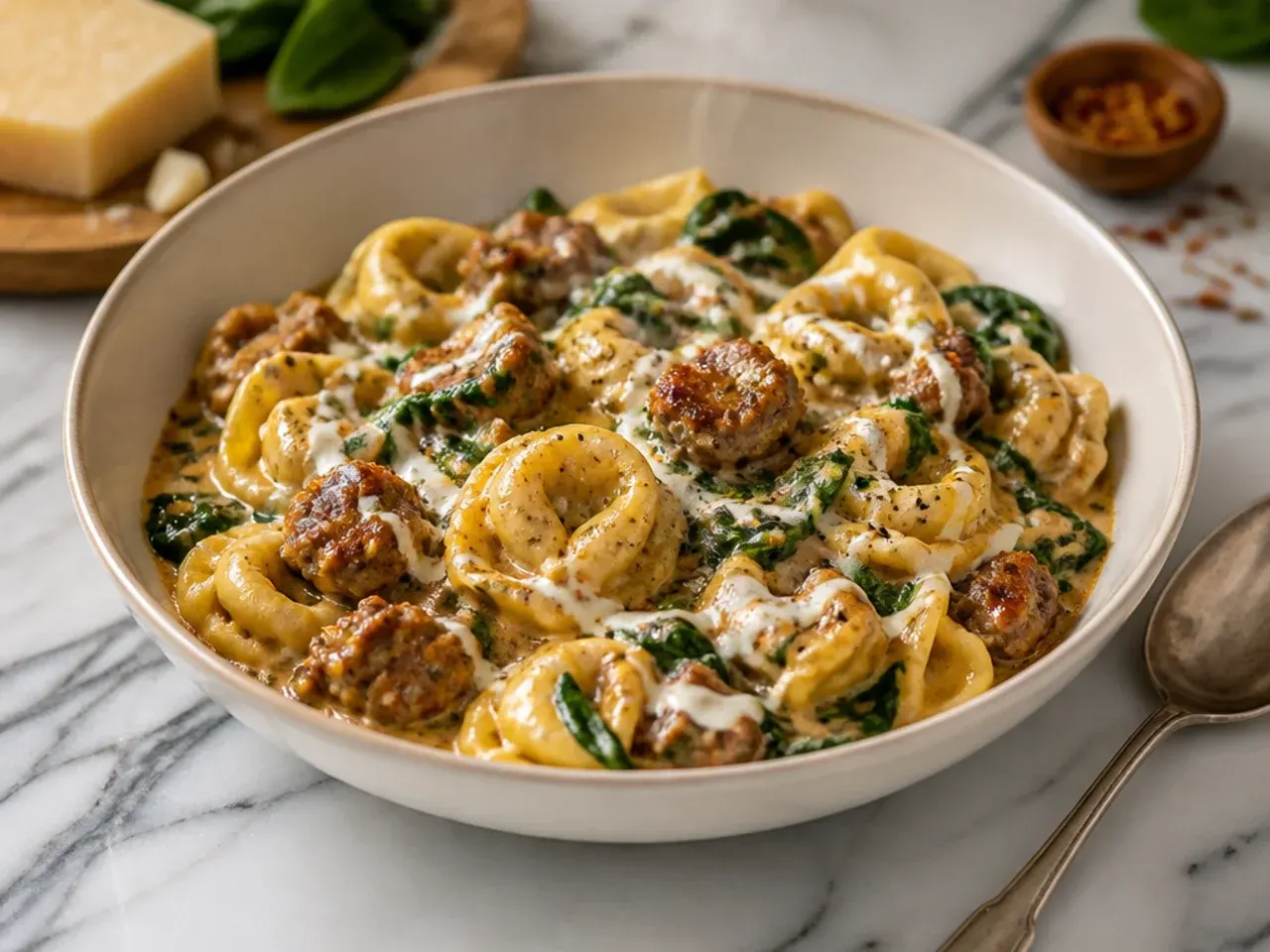 Frozen cheese tortellini being poured directly into a simmering pan of sausage and stock