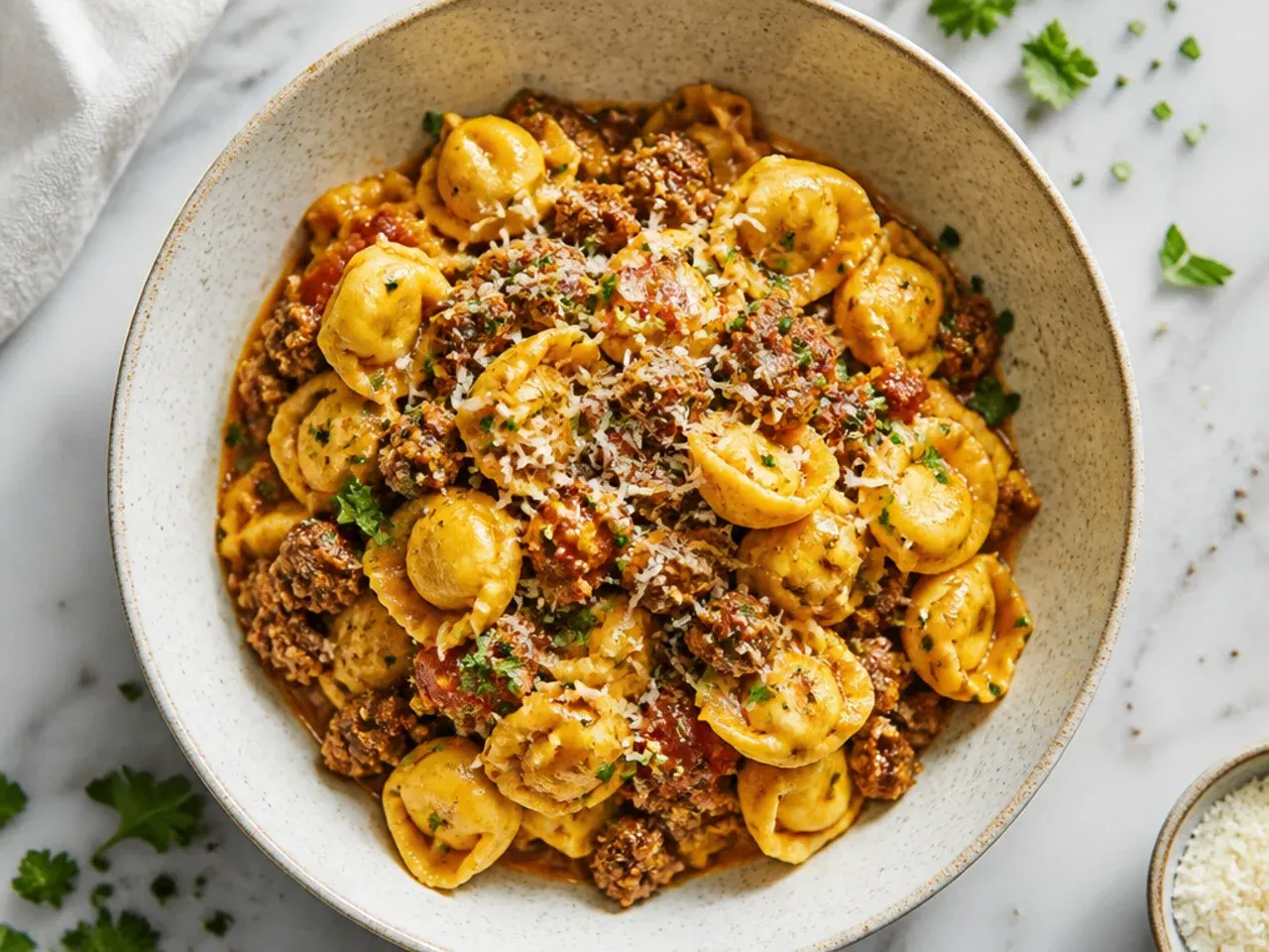 Large browned clumps of Italian sausage searing in a skillet before being broken apart