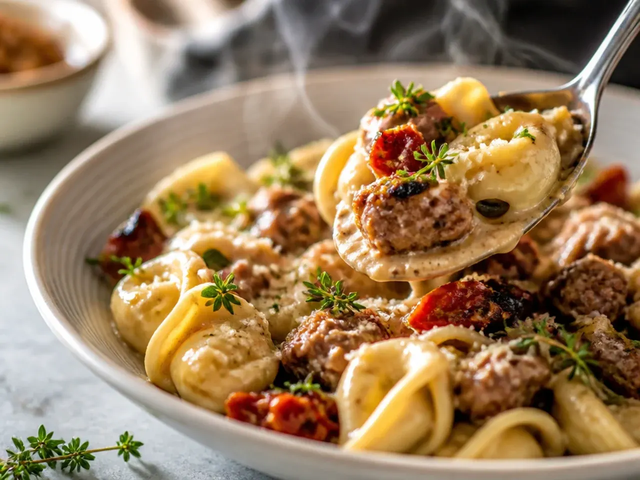 Close-up of tortellini floating to the surface of a simmering creamy sauce, testing for doneness