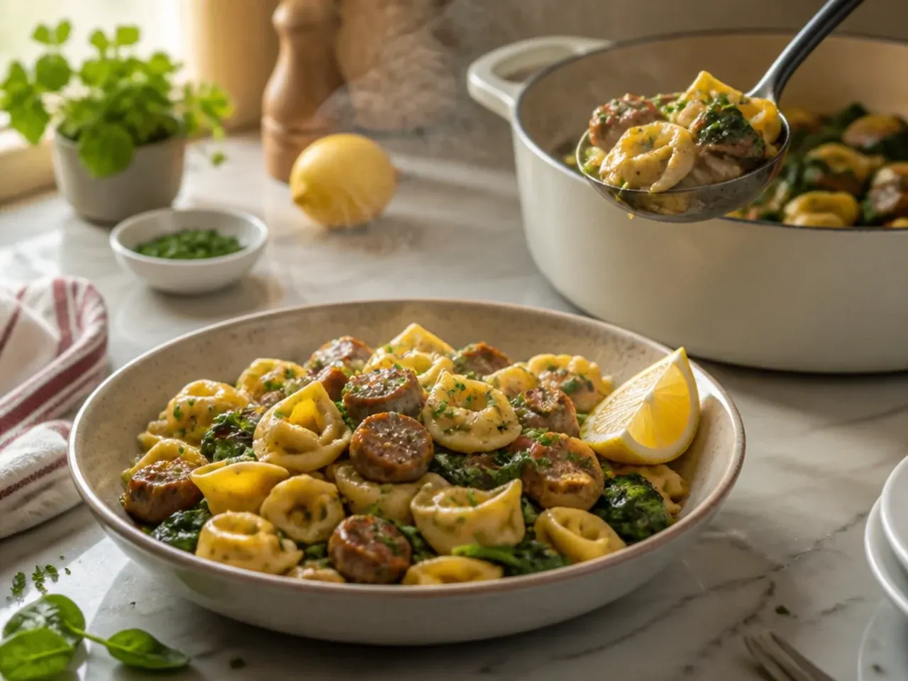 Fresh baby spinach being folded into creamy sausage tortellini off the heat