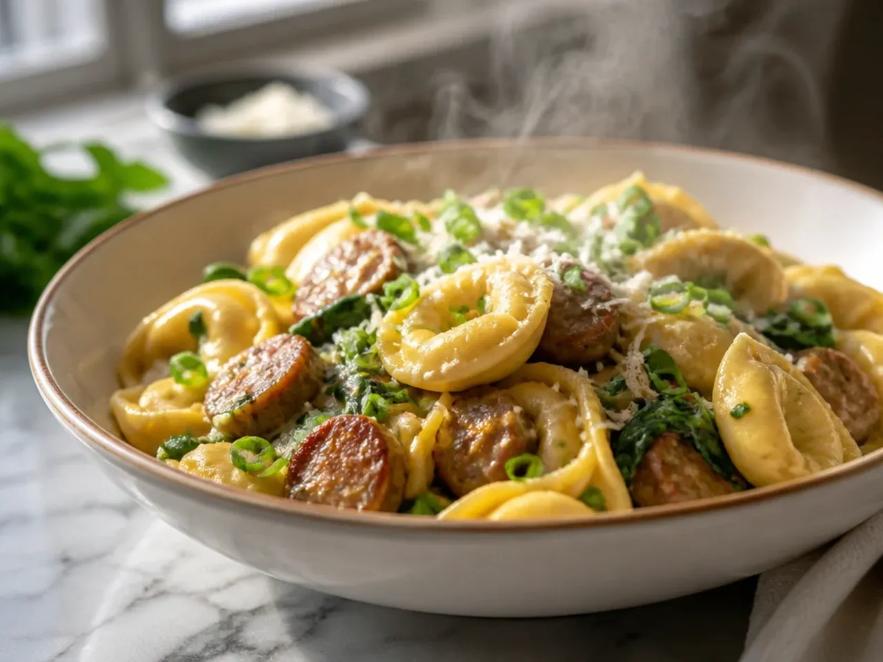Block of parmesan being freshly grated over a pan of creamy sausage tortellini