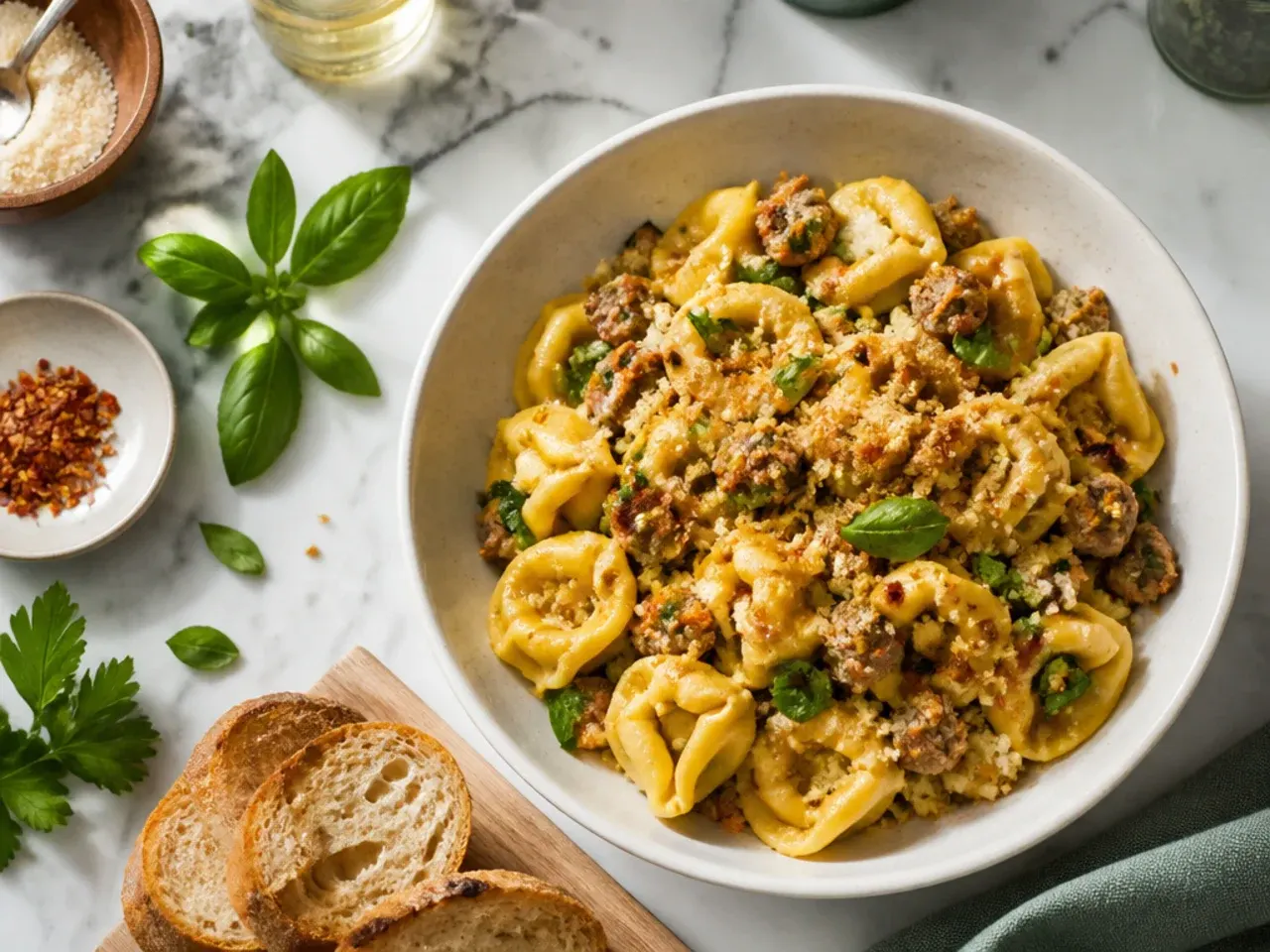 Pinch of salt being added to a finished pan of sausage and tortellini after tasting