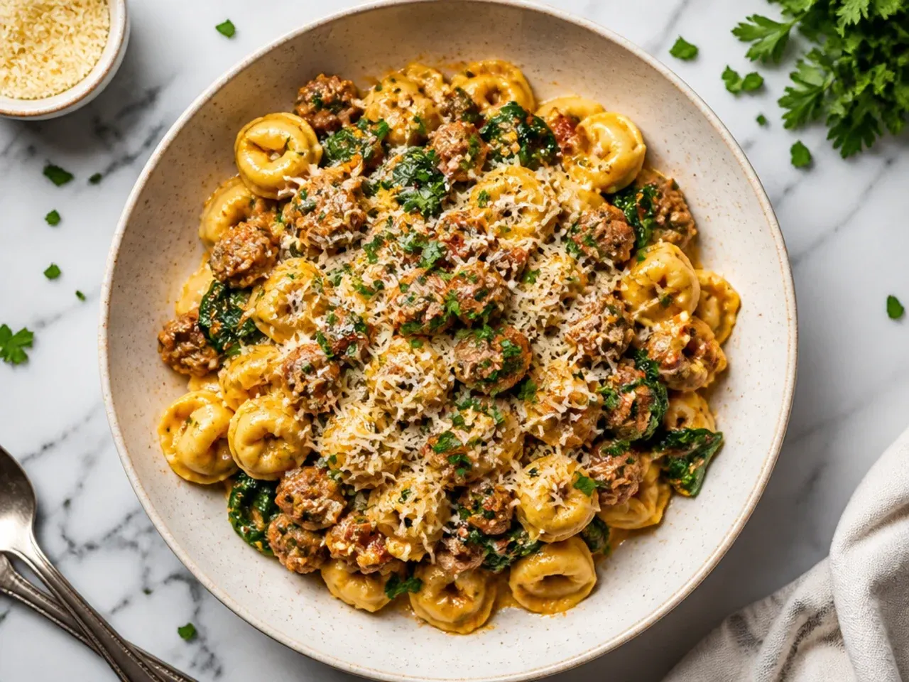 Leftover creamy sausage tortellini being gently reheated in a pan with a splash of stock