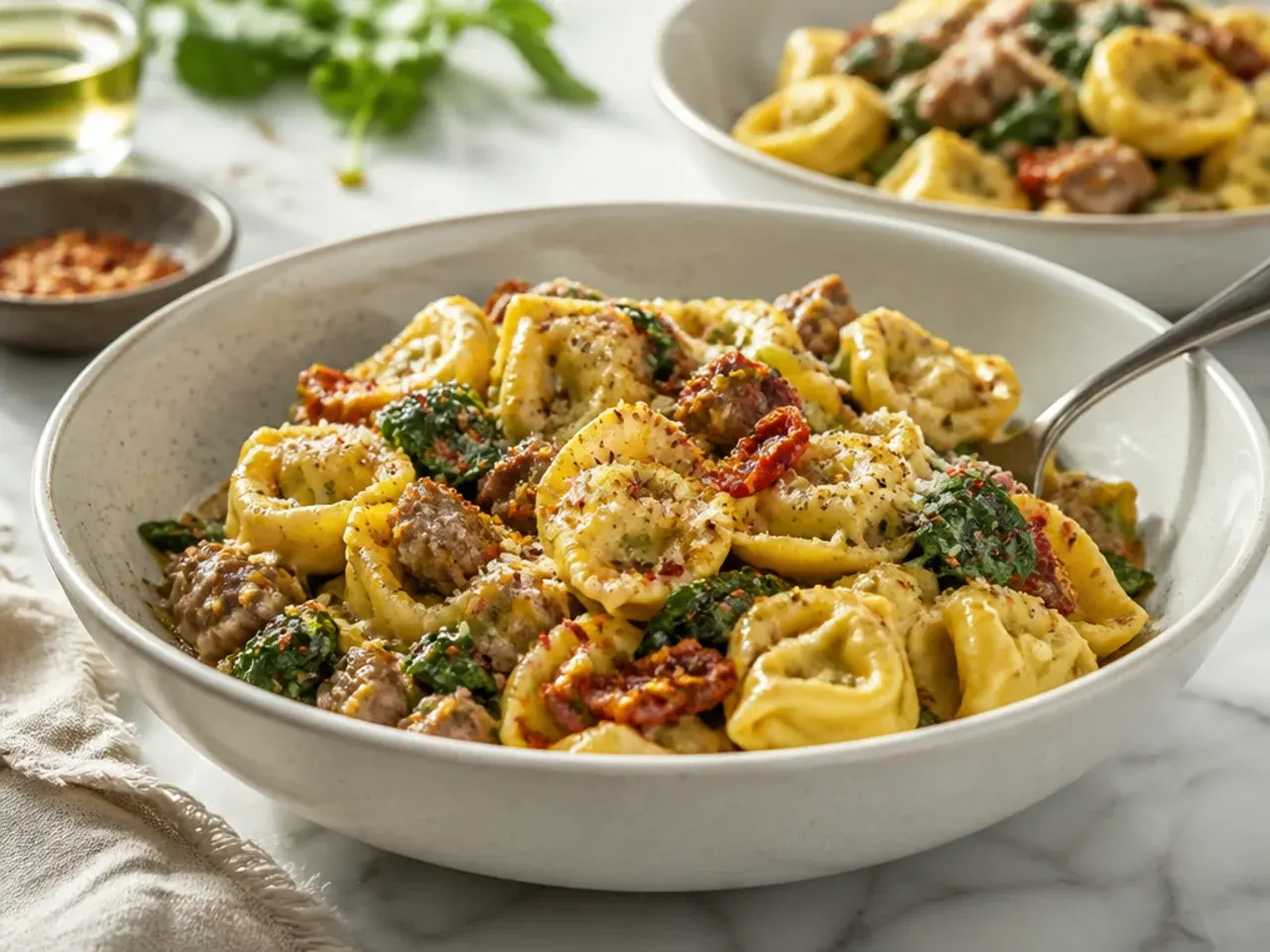 Freezer container of browned sausage and tomato base without cream or tortellini