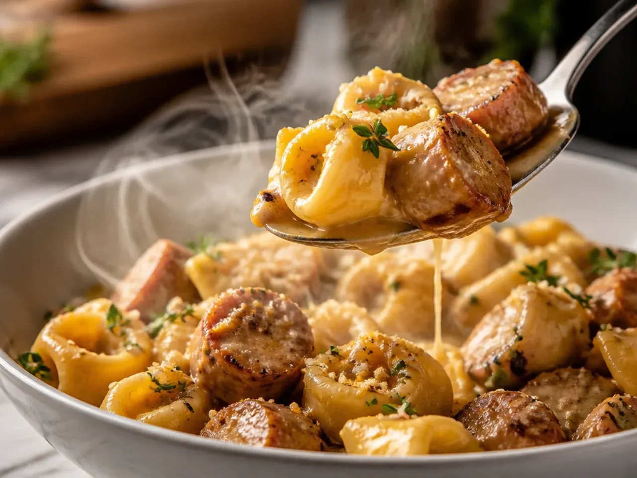 Large pot of doubled sausage and tortellini sauce simmering to reduce before pasta is added
