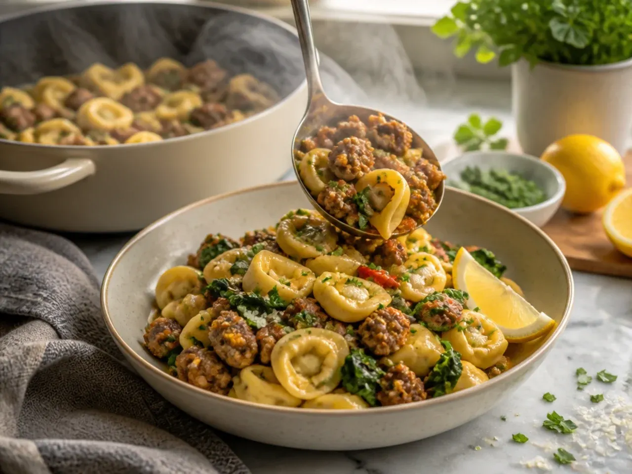 Sausage meat squeezed out of its casing directly into a hot skillet