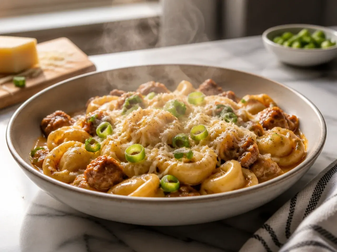 Finished sausage and tortellini skillet resting off the heat before serving
