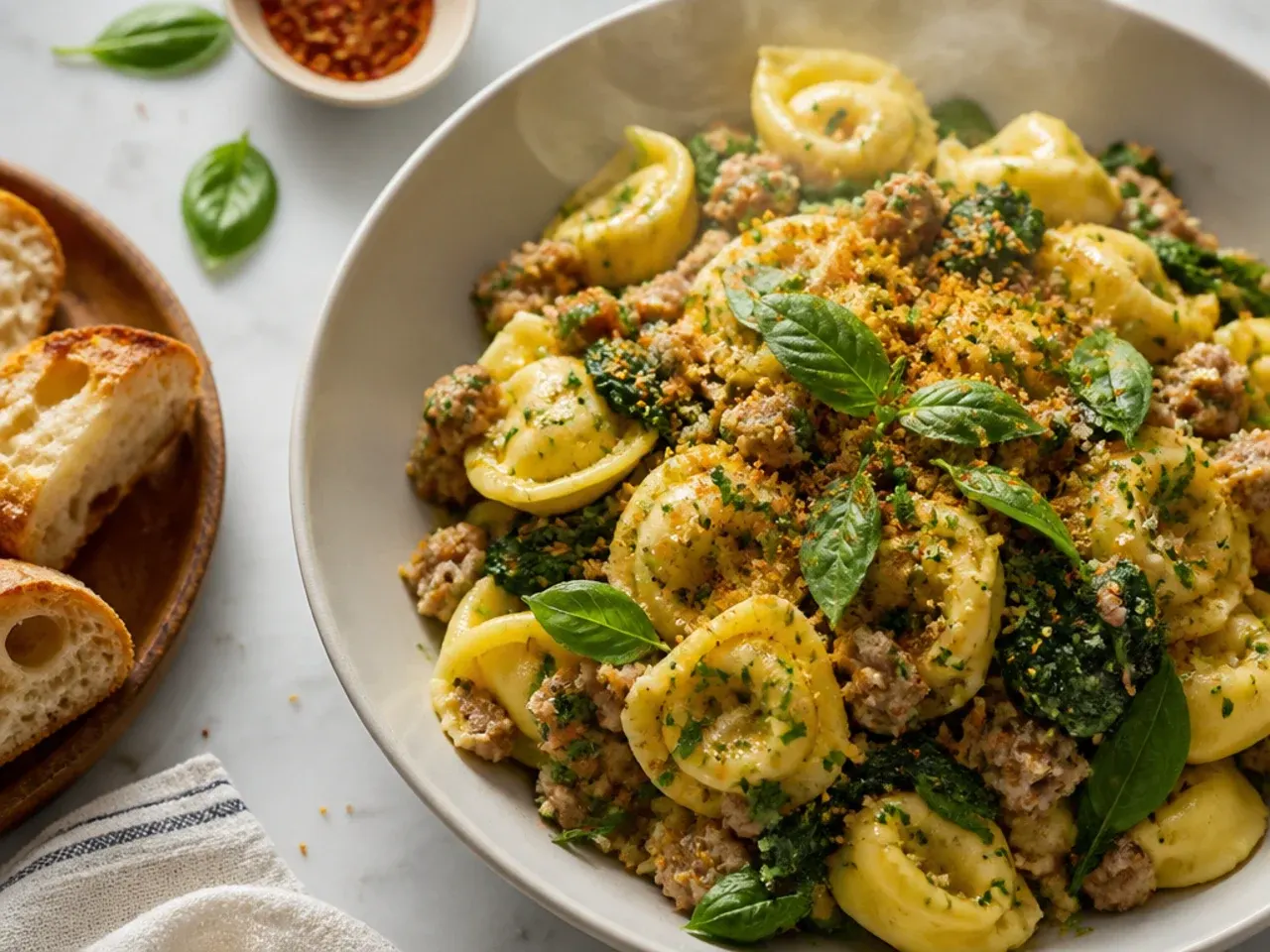 Warmed bowl being filled with creamy sausage and tortellini, sauce still glossy and loose