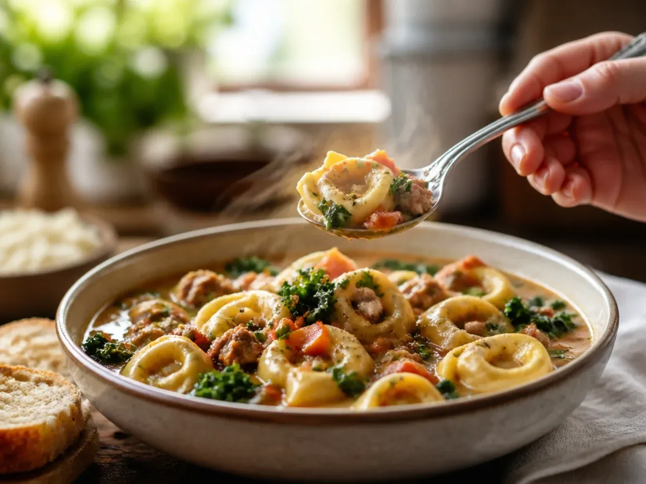Overhead shot of a finished bowl of creamy sausage and tortellini garnished with basil and parmesan
