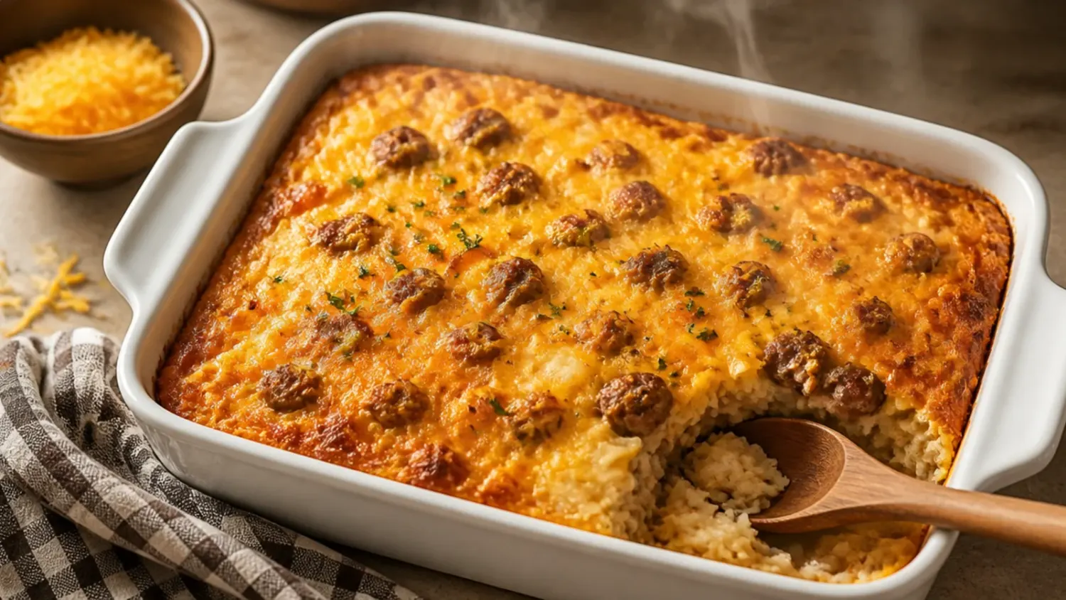 Golden baked sausage hashbrown casserole in a white dish, bubbling with melted cheddar and topped with chopped chives
