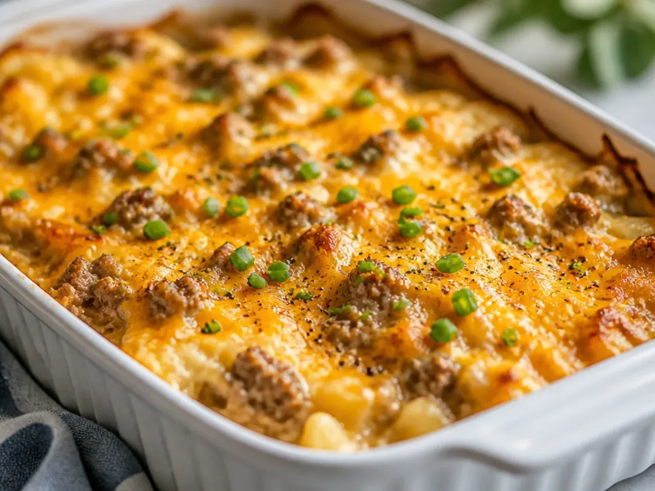 Overhead shot of a bubbling sausage hashbrown casserole fresh out of the oven