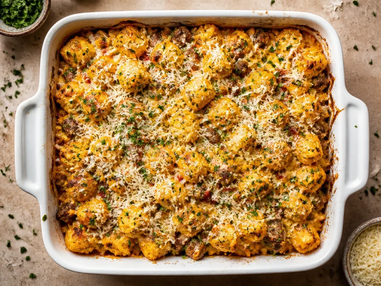 Classic sausage hashbrown casserole in a glass baking dish with a slice removed