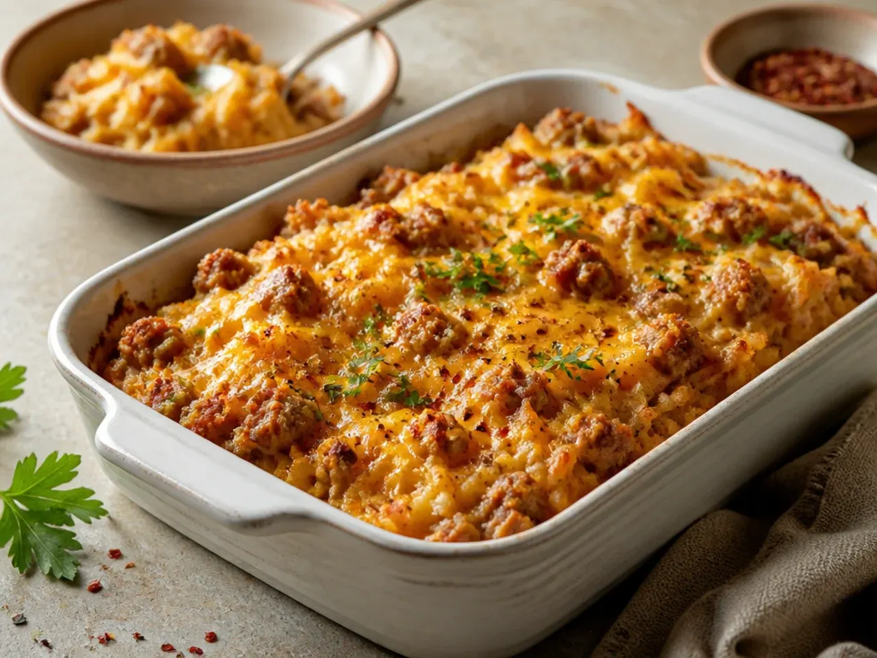 Simple five-ingredient sausage hashbrown casserole cut into squares