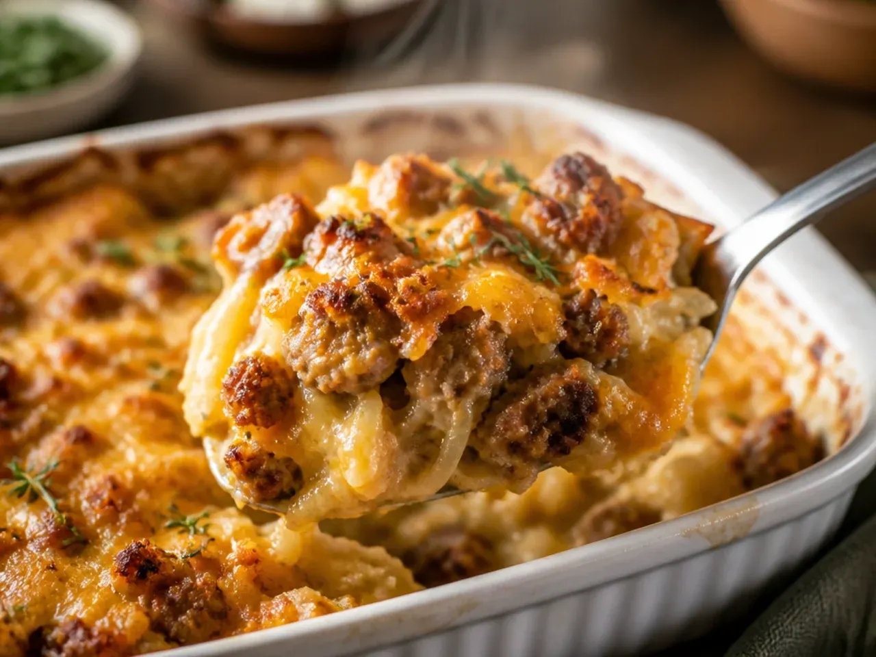 Thick slice of hearty double-sausage hashbrown casserole on a plate
