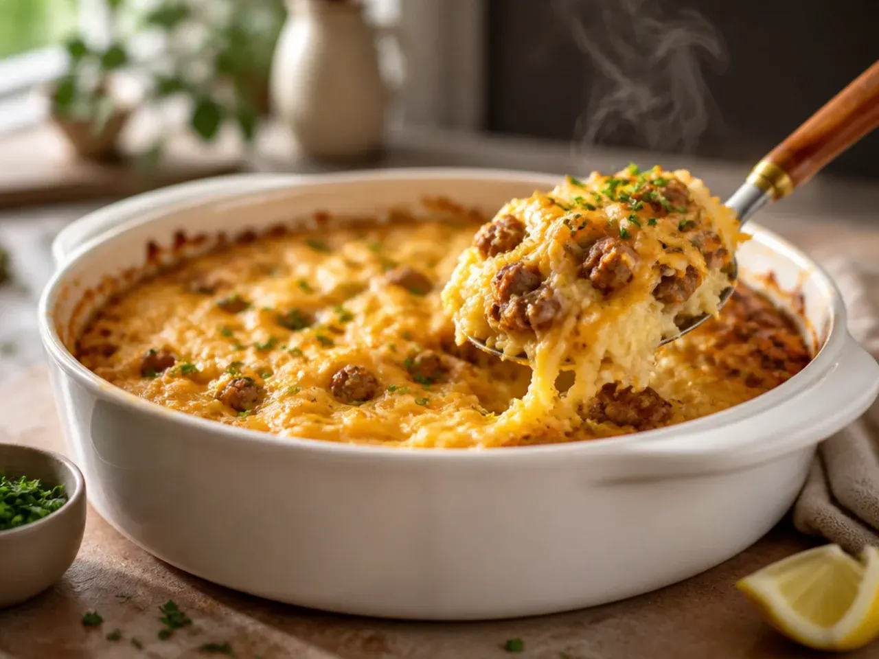 Slow cooker filled with creamy sausage hashbrown casserole, lid resting beside it