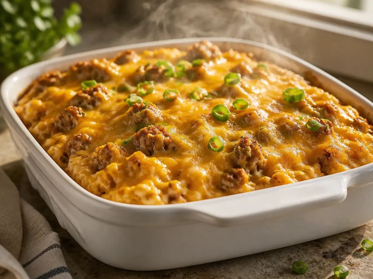 Creamy sour cream sausage hashbrown casserole with a spoon lifting a serving