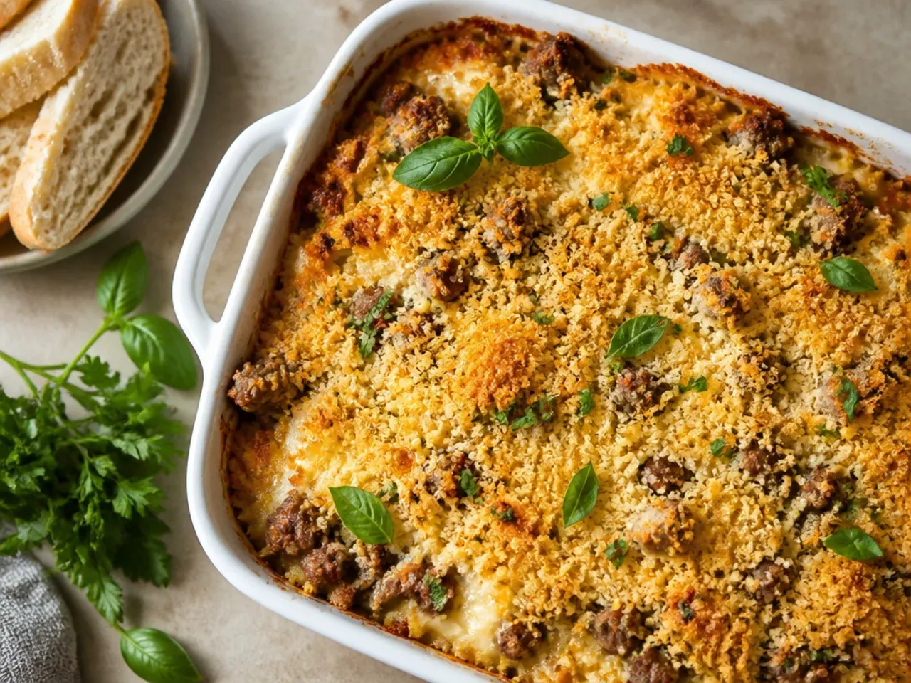 Simple sausage hashbrown casserole mixed in one bowl before baking