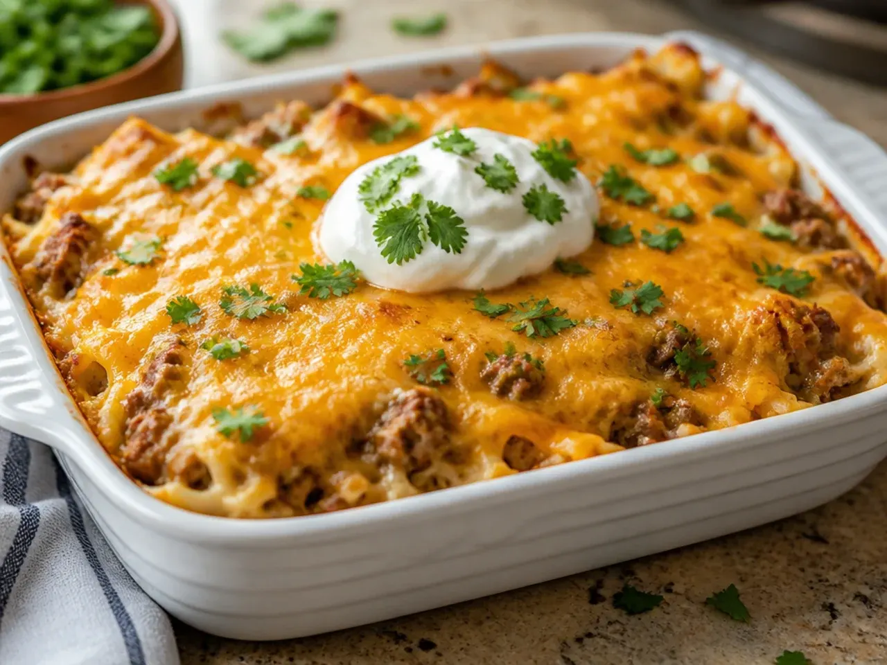 Cheesy sausage hashbrown casserole with melted pepper jack and cheddar on top