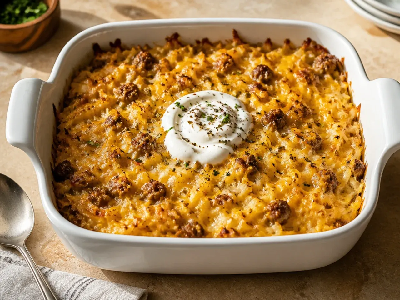 Overnight sausage hashbrown casserole set on a brunch table with coffee and fruit