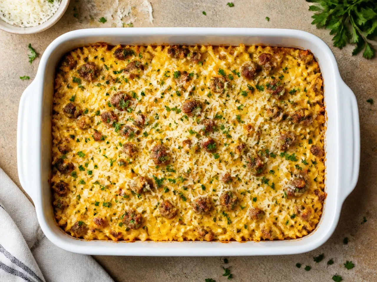 Budget sausage hashbrown casserole made with simple pantry ingredients