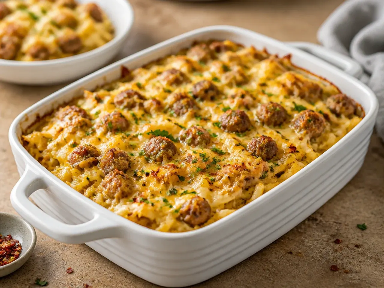 Weeknight sausage hashbrown casserole served quickly for a family dinner