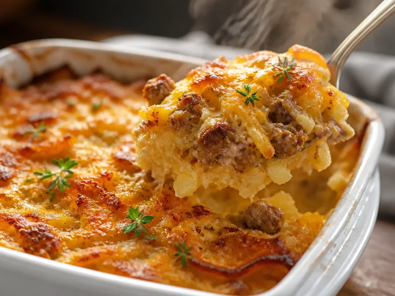Rustic sausage hashbrown casserole baked and served in a cast-iron skillet