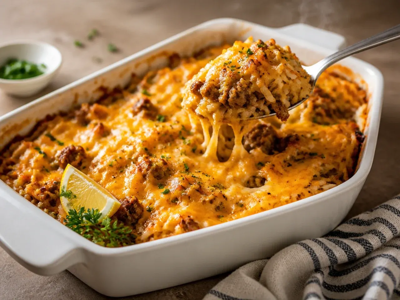 Loaded sausage hashbrown casserole topped with bacon, peppers and sour cream