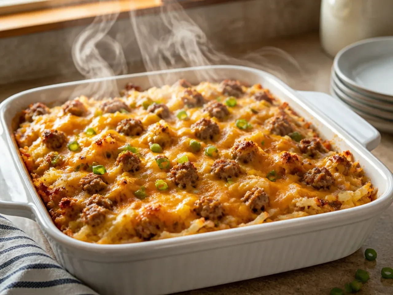 Large family-size sausage hashbrown casserole in a big roasting tin