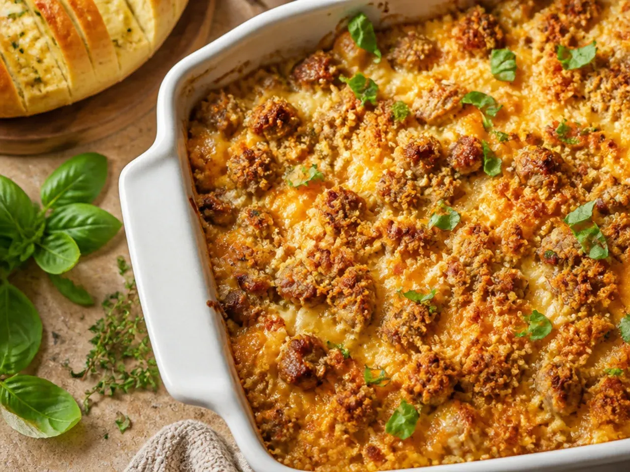 Spicy sausage hashbrown casserole topped with sliced jalapenos and melted pepper jack