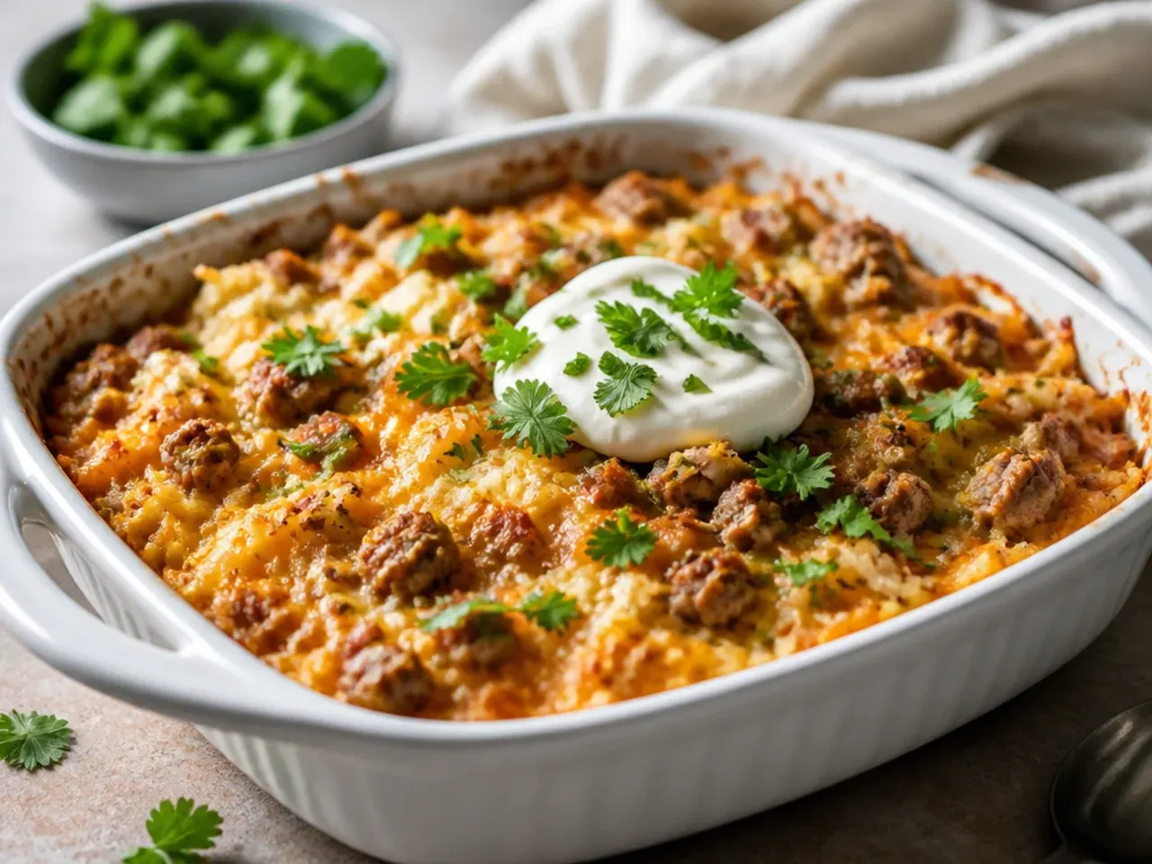One-pot skillet sausage hashbrown casserole finished under the grill