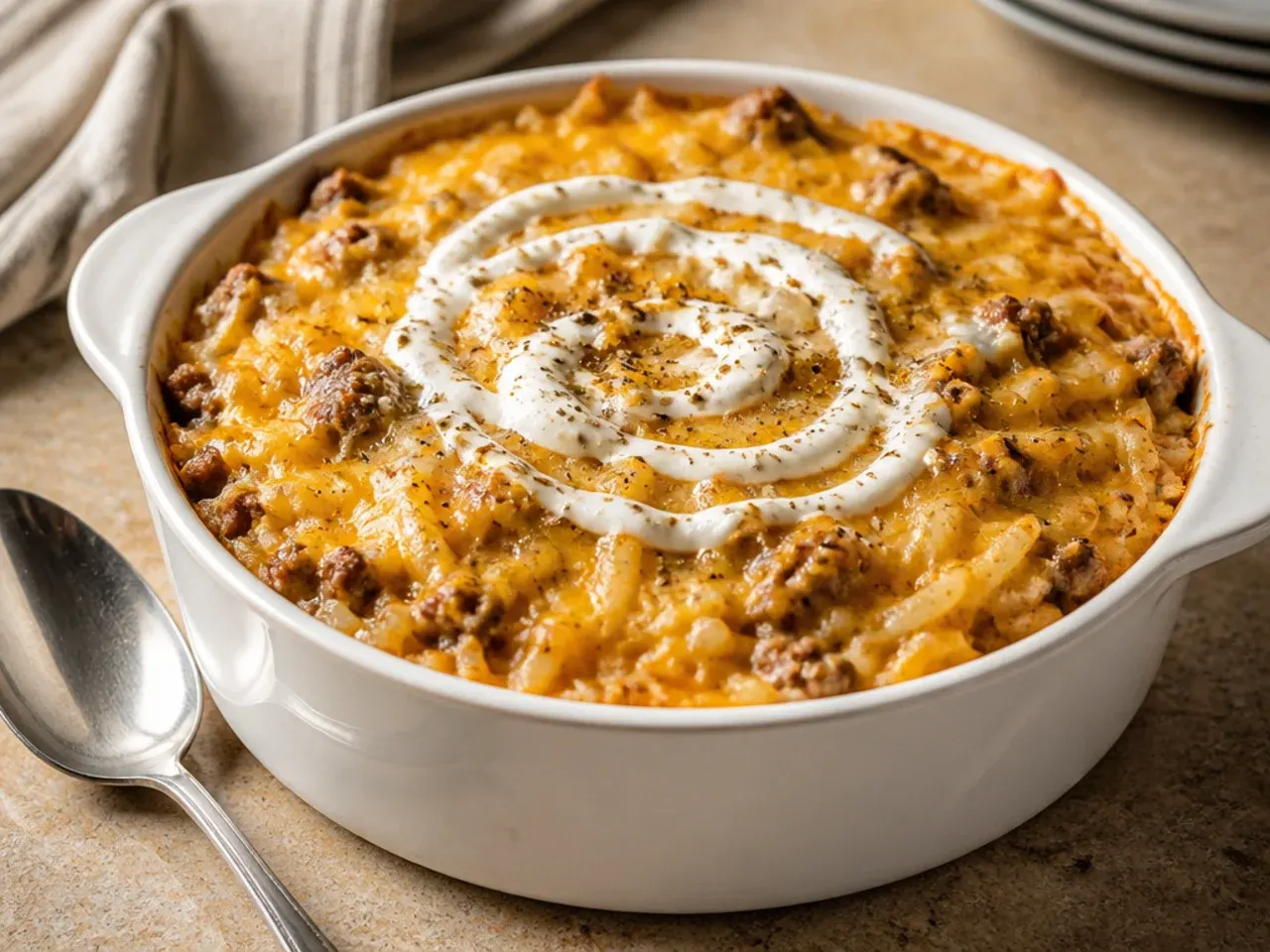 Cracker-barrel style creamy sausage hashbrown casserole with golden bubbling top