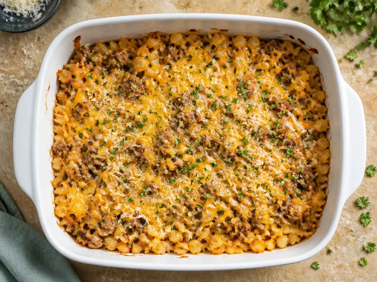 Foil tray of unbaked sausage hashbrown casserole ready for the freezer
