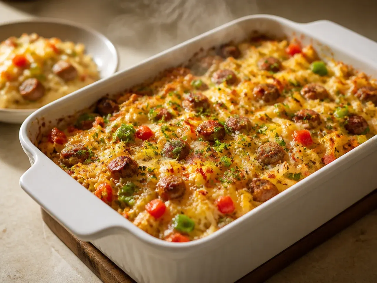 Sausage hashbrown casserole with visible spinach and diced peppers folded through