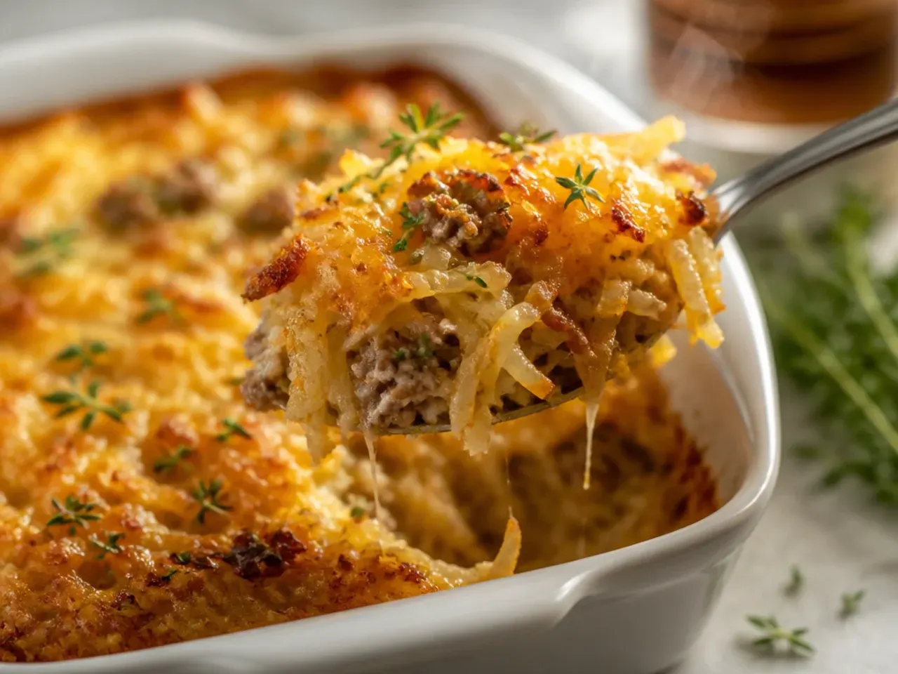 Maple sausage hashbrown casserole drizzled with syrup on a cozy breakfast table