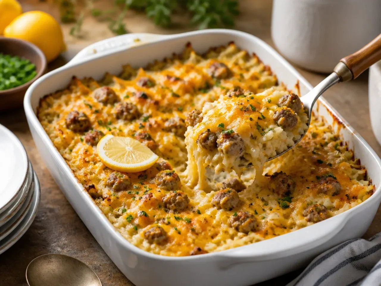 Creamy ranch sausage hashbrown casserole with herby seasoning and melted cheese