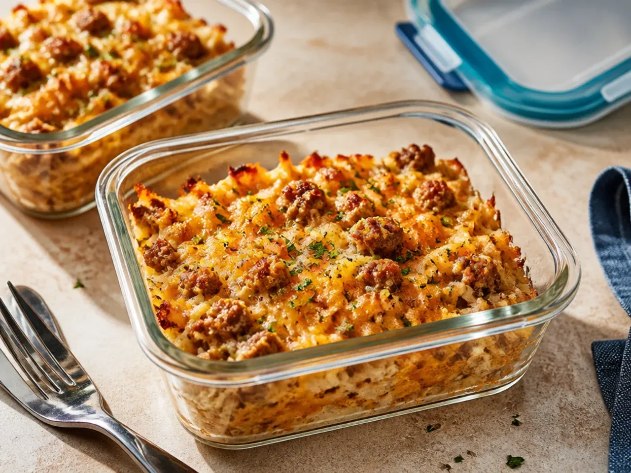 Sausage hashbrown casserole leftovers stored in glass meal-prep containers