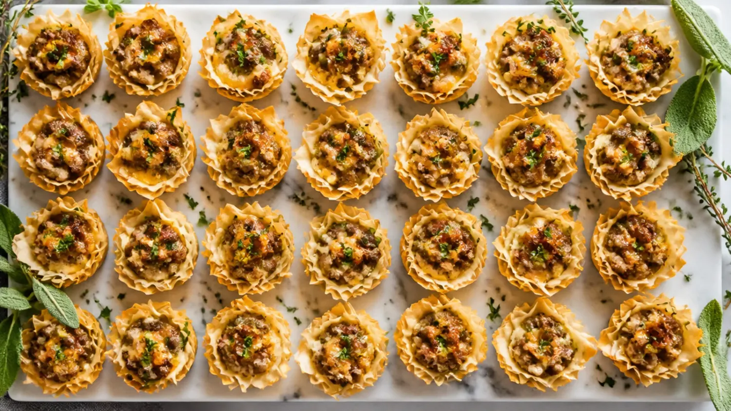 Golden mini phyllo cups filled with melted cheese and crumbled sausage, arranged on a white platter